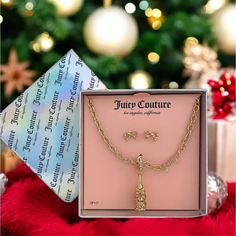 Juicy Couture Rhinestone Pink Champagne Bottle Necklace & Bow Earrings Gift Set